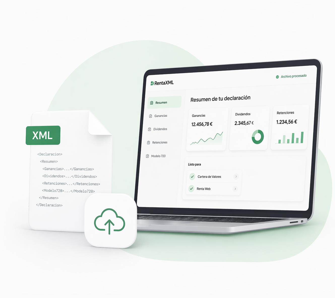 Dashboard RentaXML procesando un Activity Statement de IBKR